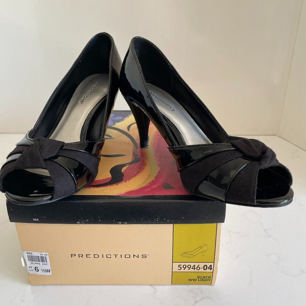 Predictions Womens Open Toe Black Patent High Heel Shoe Style Lindy Size 6.5W